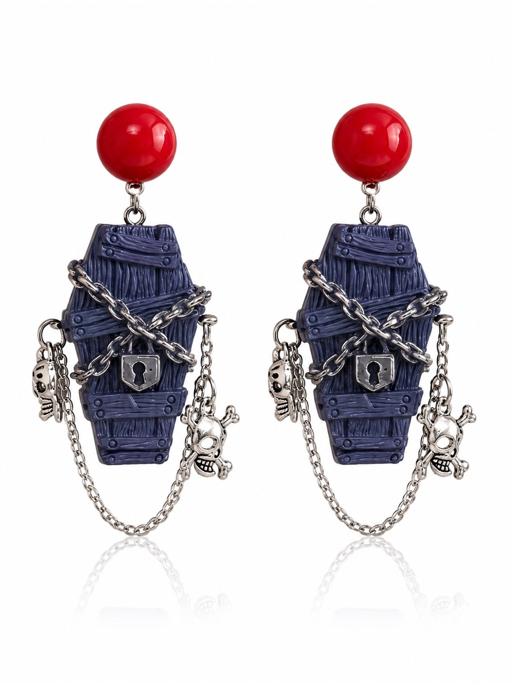 Blue Coffin Drop Earrings with Red Studs